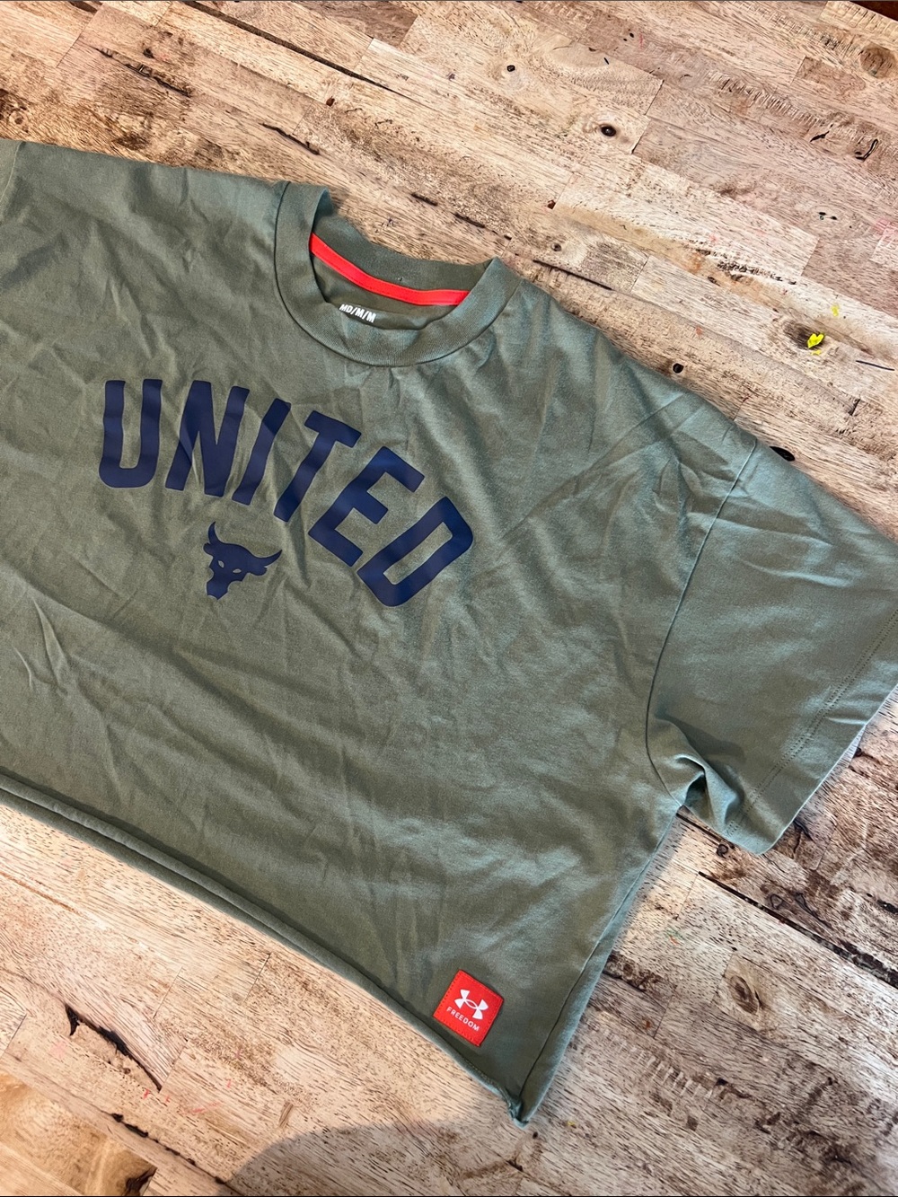 Under Armour Olive Green Short Sleeve Tee with Navy "UNITED" Print cropped